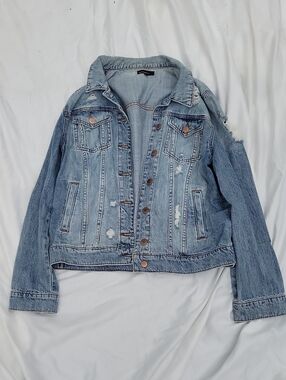 See Thru Soul Women's Distressed Denim Jacket Oversize Fit Size Small